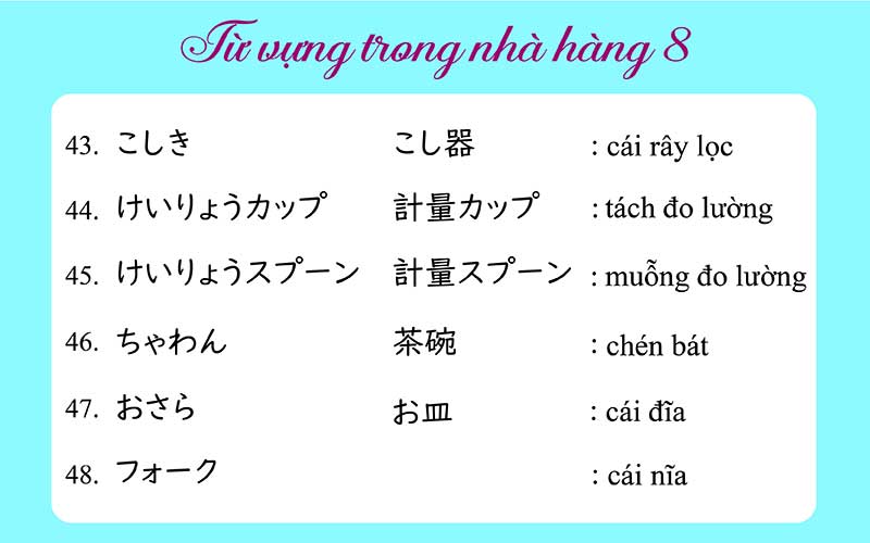 Từ vựng trong nhà hàng